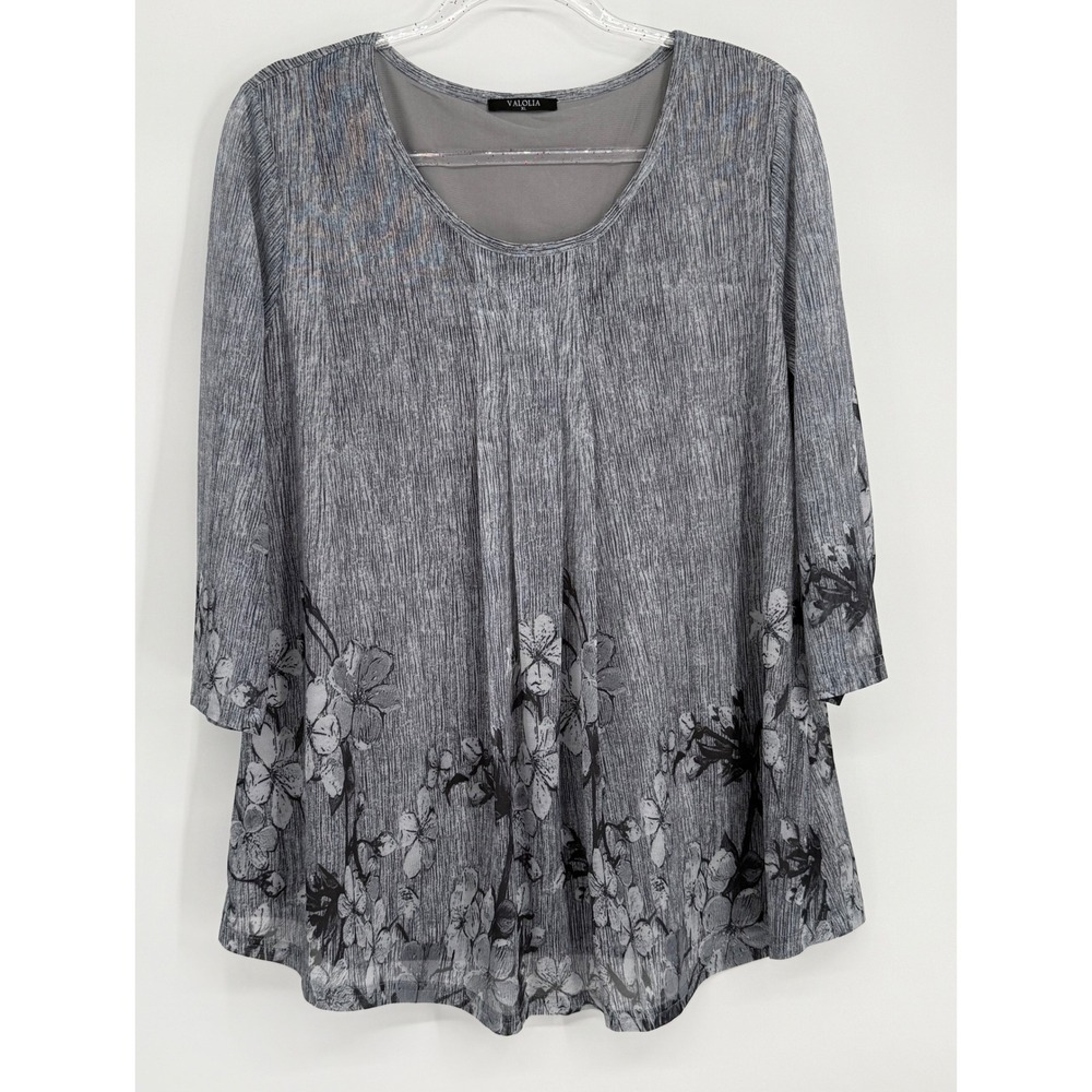 Valolia Grey Floral Space Dye Pleated Tunic Top 3/4 Sleeve Sz XL